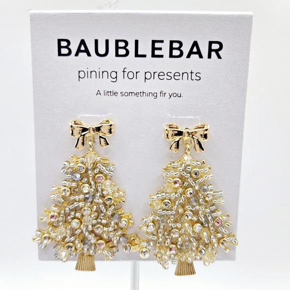 BaubleBar Golden Christmas Tree Earrings Pining for Presents New - Picture 2 of 4